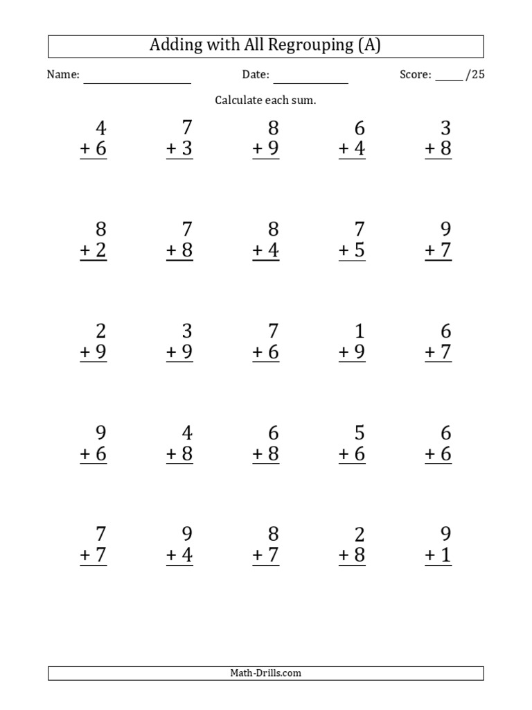 Addition One Digit All Regrouping25 001.1602884044 | PDF