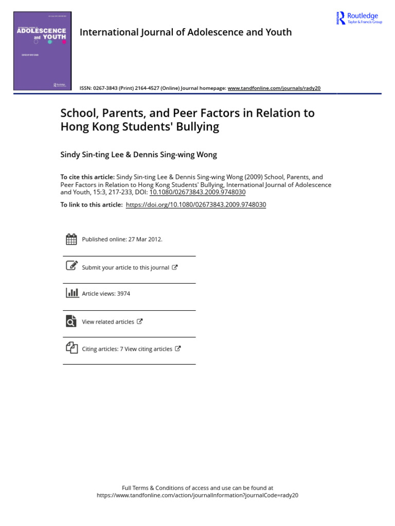 School Parents and Peer Factors in Relation To Hong Kong Students ...
