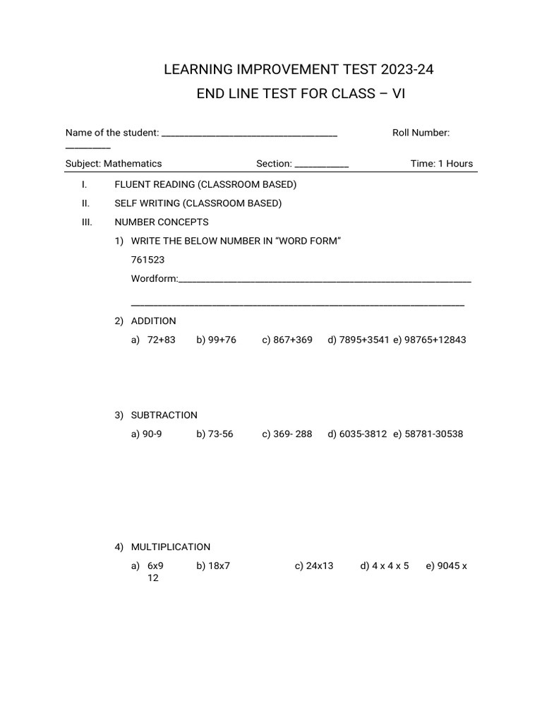 Class VI Mathematics Improvement Test | PDF
