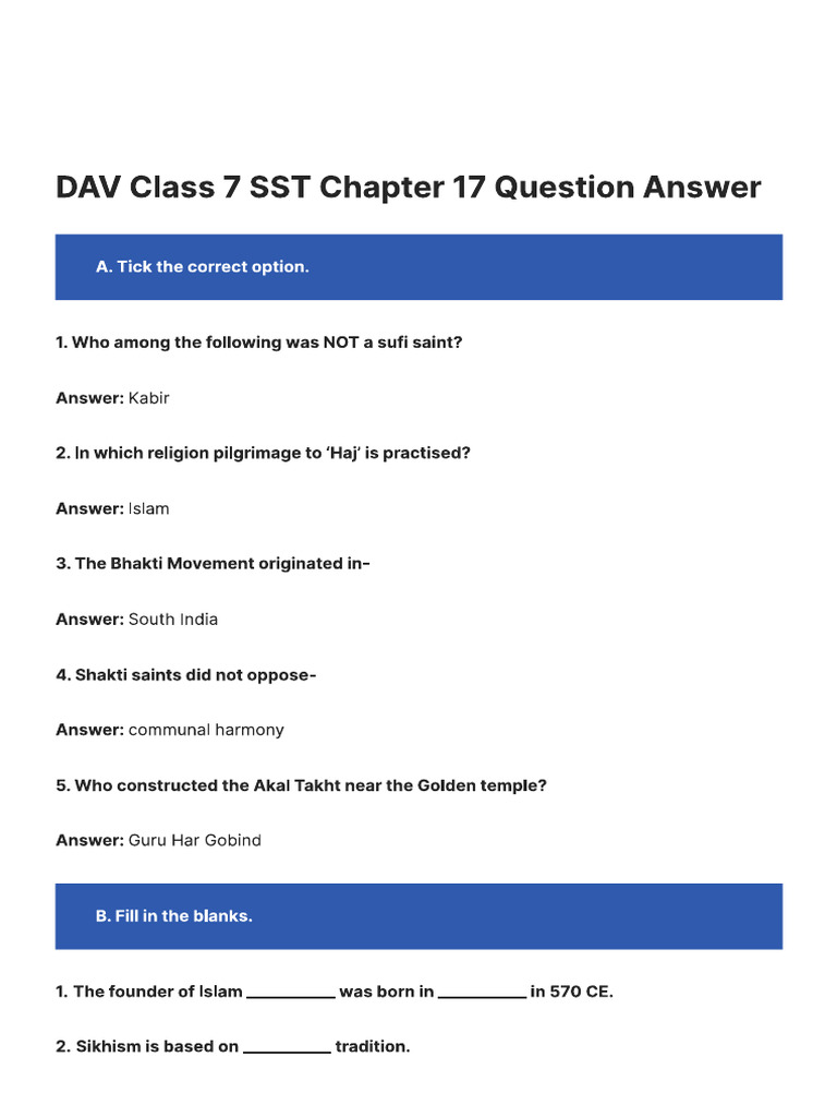 Dav class 7 sst chapter 17 question answer major religions pdf