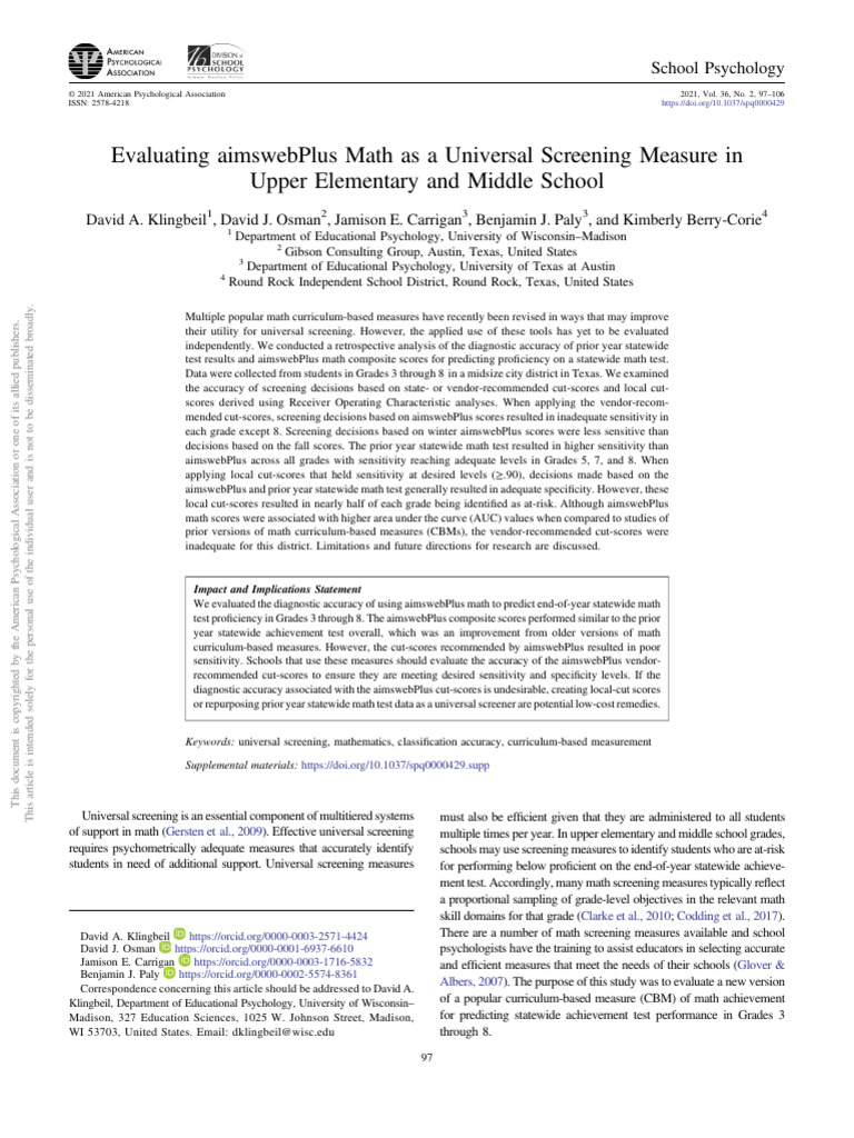 Evaluating Aimswebplus Math As A Universal Screening Measure in Upper ...