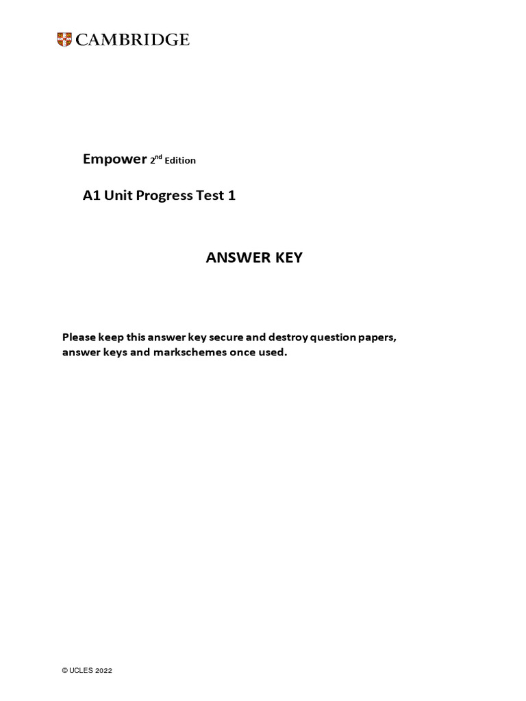 Empower Second Edition A1 Unit Progress Test 1 Answer Key - Version A | PDF