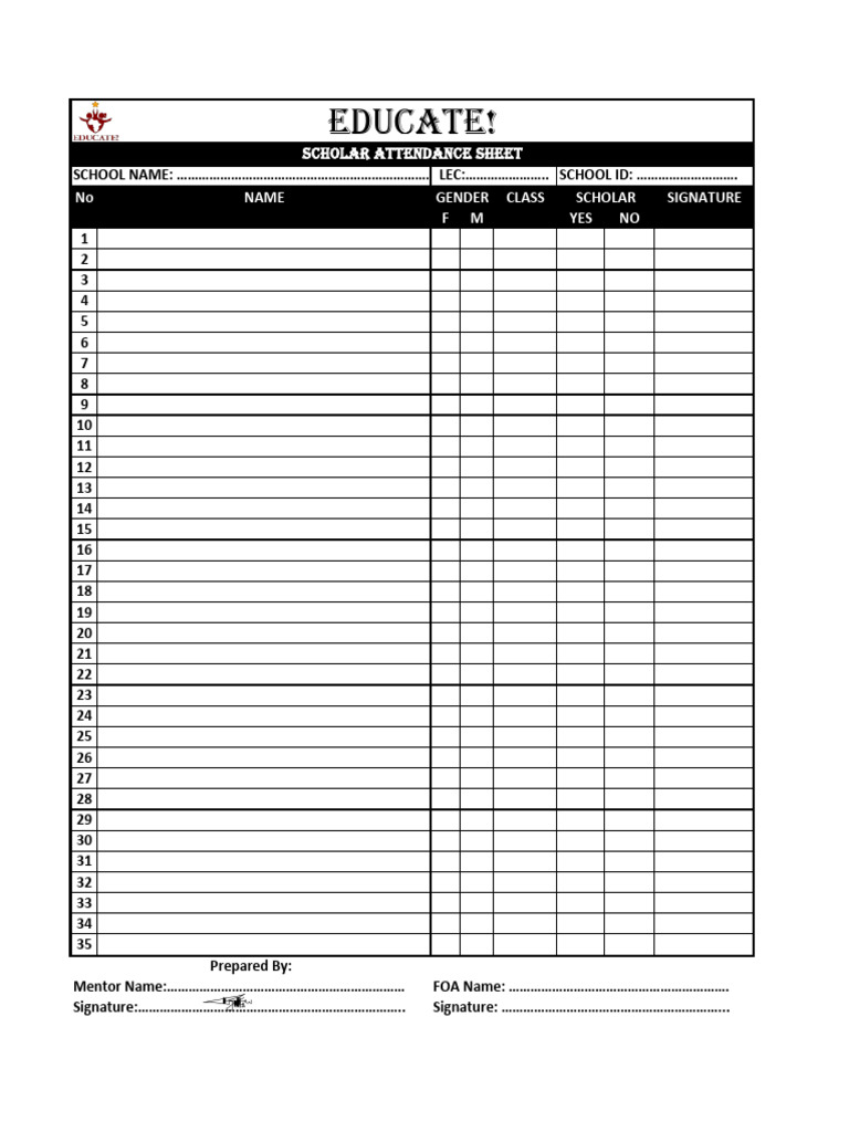 Scholar Attendance Sheet Template | PDF
