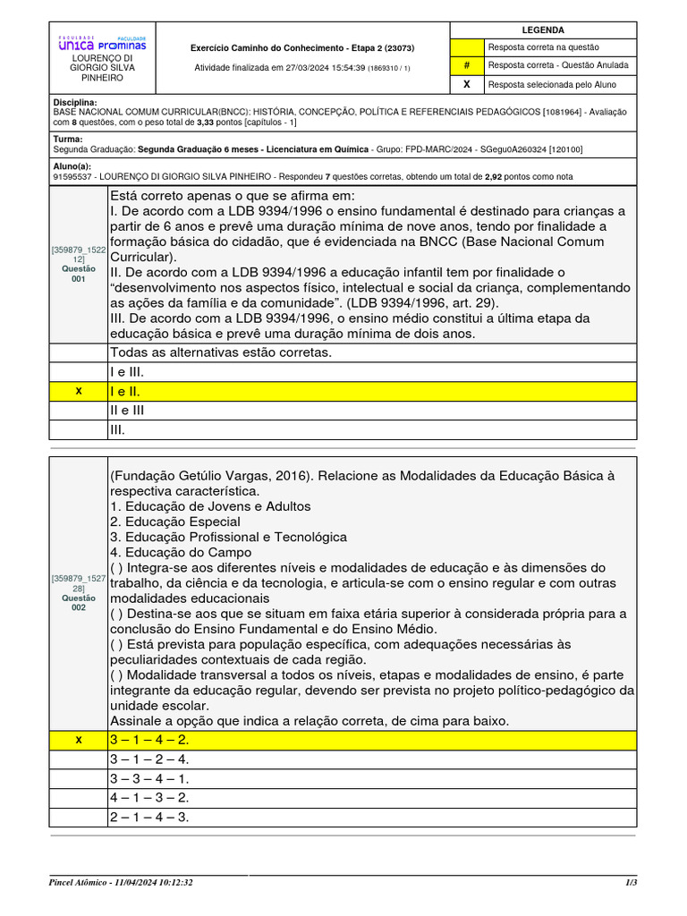 CC Teste 1 | PDF | Pré-escola | Educação Especial