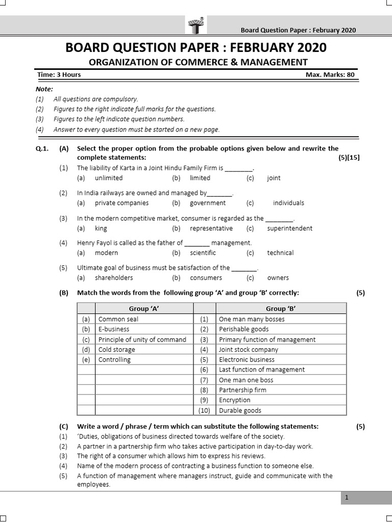 12th Commerce OCM Board Paper 2020 | PDF | Business | Economies