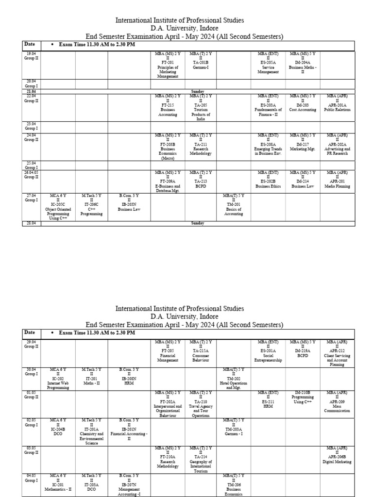 D.A. University MBA End Semester Exam Schedule | PDF | Master Of ...