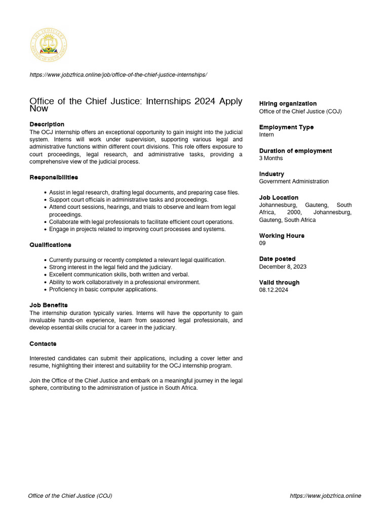 Office of The Chief Justice Coj Office of The Chief Justice Internships 2024 Apply Now December