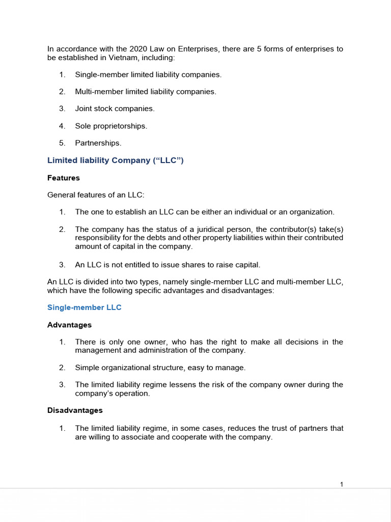 Neral features of business forms in vietnam ent law pdf joint