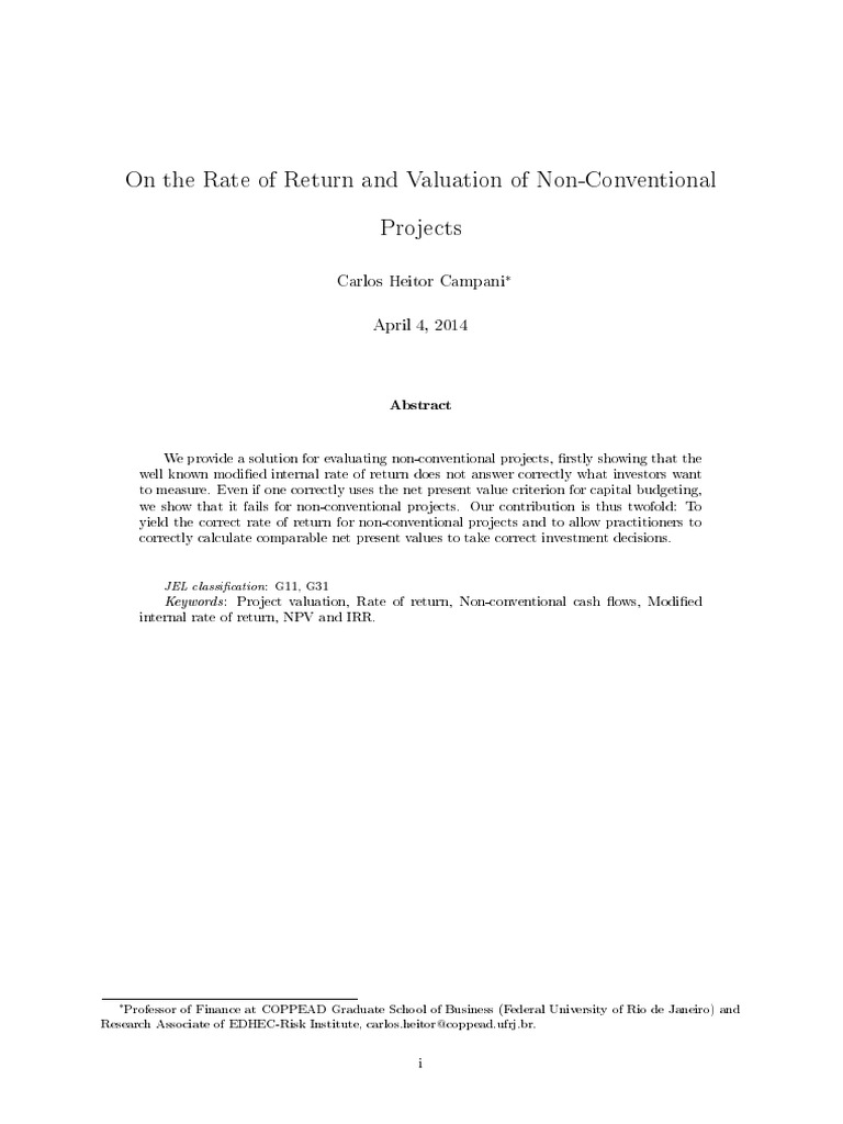Valuation of NonConventional Cash Flows Paper PDF Internal Rate Of