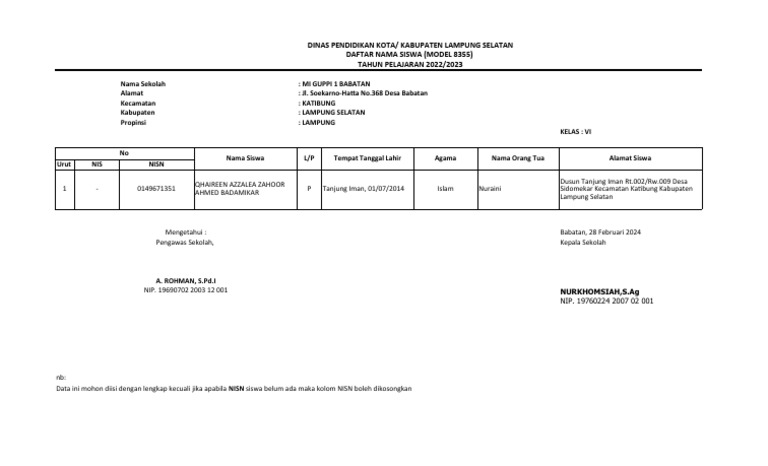 Format Data Siswa Model 8355 | PDF