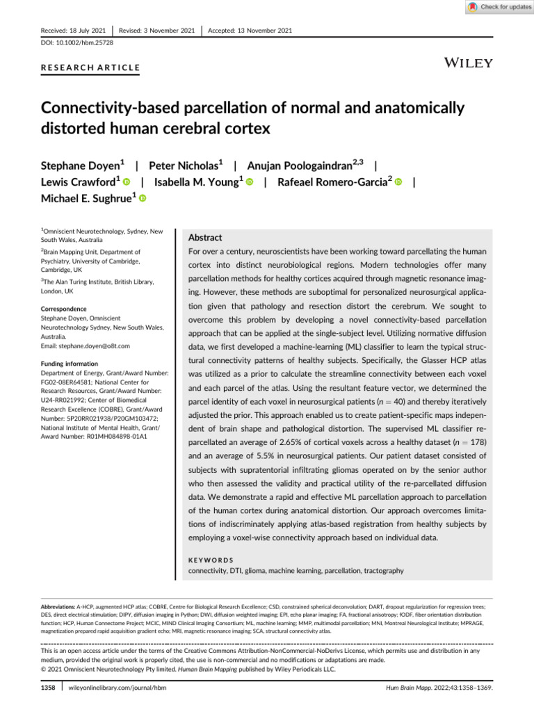 Human Brain Mapping - 2021 - Doyen - Connectivity Based Parcellation of ...