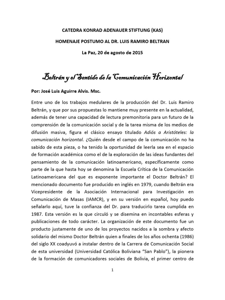 Beltran y El Sentido de La Comunicacion Horizontal | PDF | Comunicación ...
