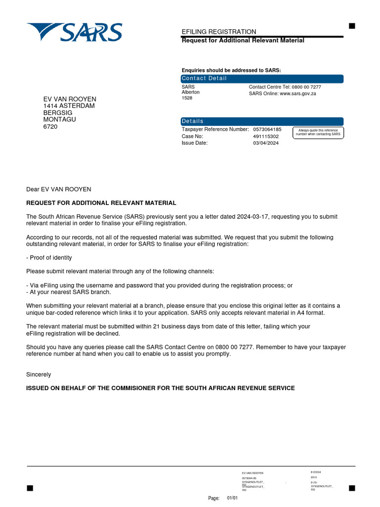 Efiling Registration: Request For Additional Relevant Material | PDF ...
