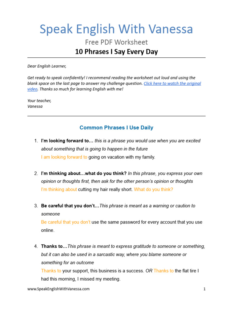 Daily English Phrases Worksheet | PDF | Language Arts & Discipline ...