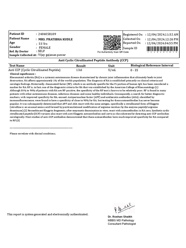 Anti-CCP Test Report for RA Diagnosis | PDF | Medical Specialties ...