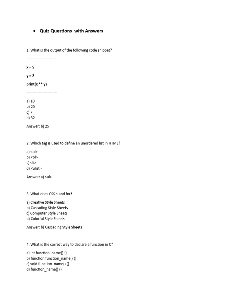 Quiz Questions With Answers | Download Free PDF | Html Element | Computing