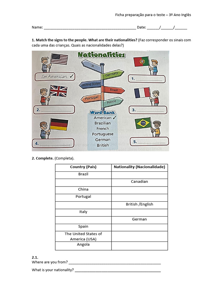 Ficha de Avaliação: Inglês 3º Ano | PDF | Artes Linguísticas e Disciplina