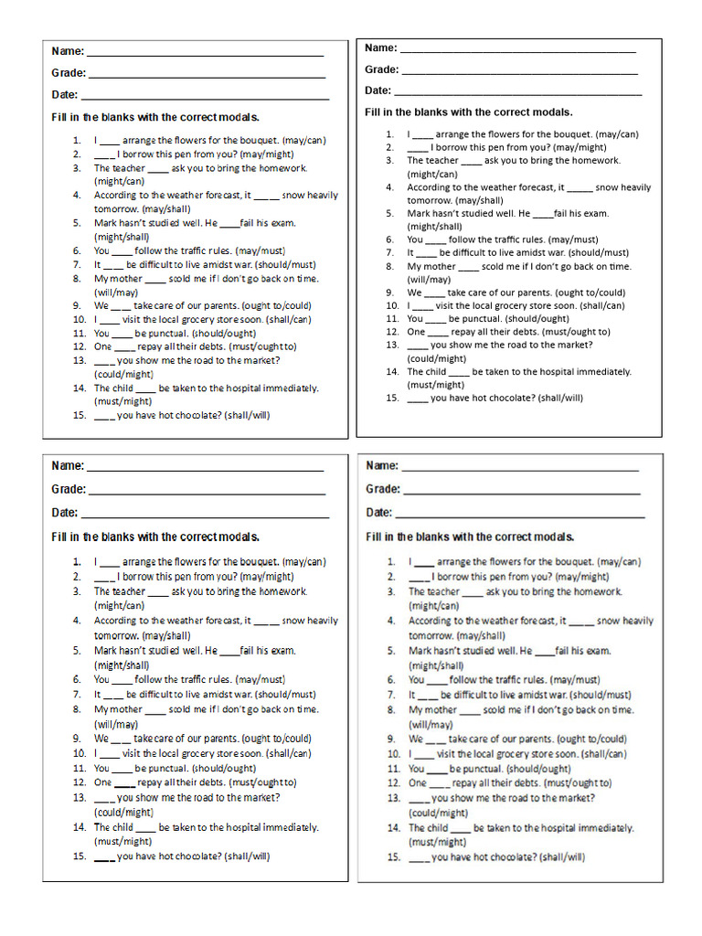 Fill in the Blanks: Modal Verbs Exercise | PDF | Wellness