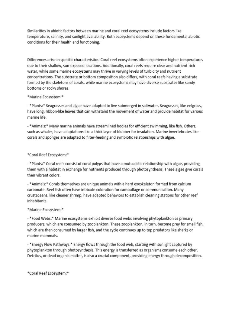 Similarities in Abiotic Factors Between Marine and Coral Reef