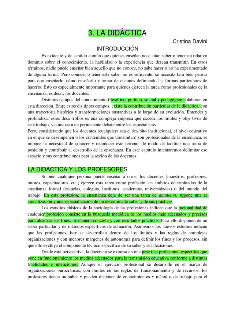 Didáctica según María Cristina Davini | PDF | Enseñando | Conocimiento