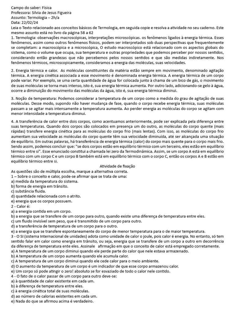 Atividade de Termologia para 7º Ano | PDF | Calor | Temperatura
