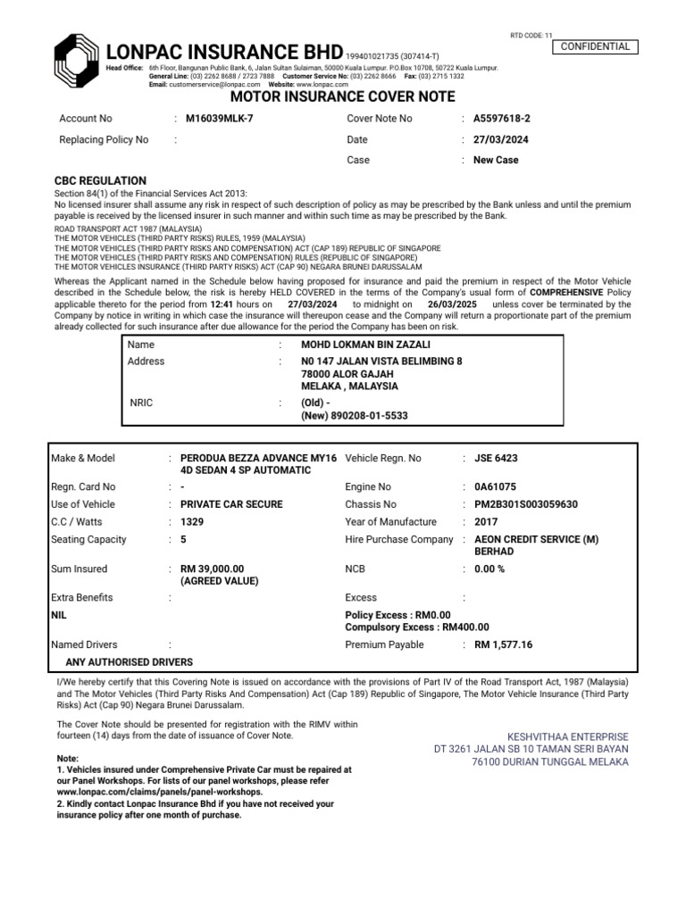 Lonpac Motor Insurance Cover Note | PDF | Insurance | Vehicle Insurance