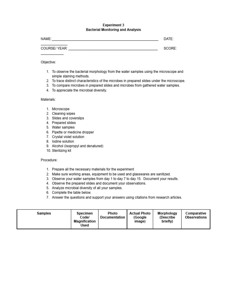 Bacterial Monitoring Experiment Guide | PDF | Staining | Microorganism