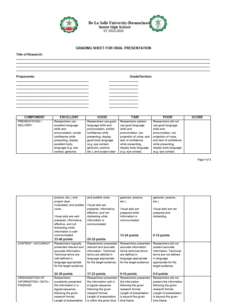 Research Defense Grading Sheet Oral Presentation Revised 3 COPIES | PDF ...