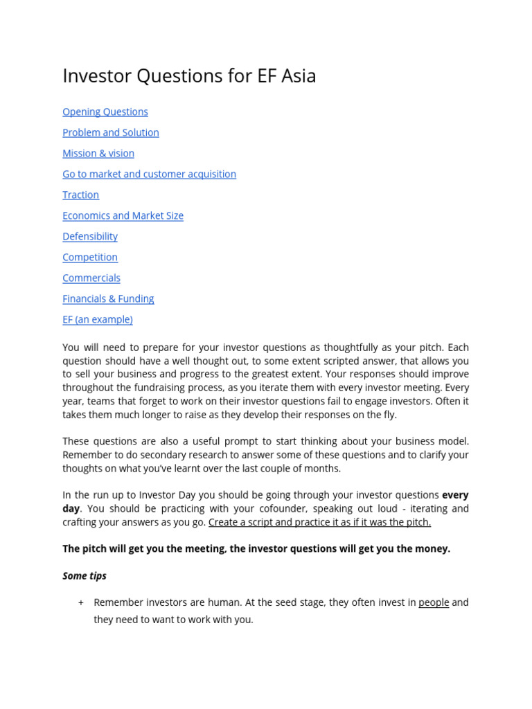 EF Asia Investor Questions | PDF | Startup Company | Small Business ...