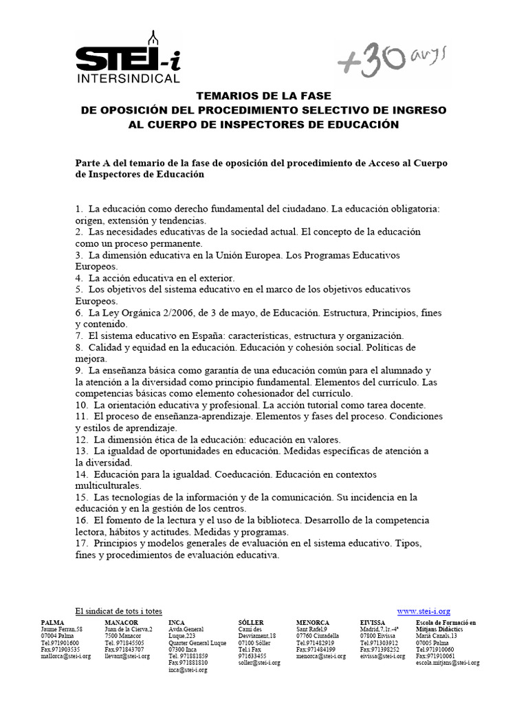 Temario Oposición Inspectores Educación | PDF | Plan de estudios ...