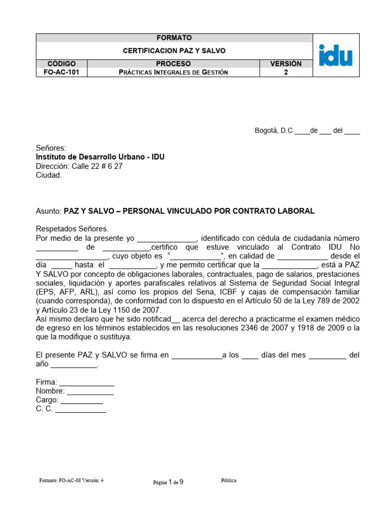 Foac101 Certificacion Paz y Salvo V2 | PDF | Documento de identidad ...