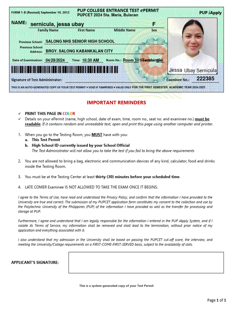 PUP College Entrance Test ePermit | PDF