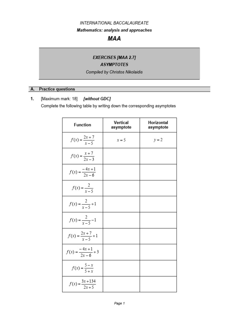 Asymptotes Practice for IB Mathematics | PDF | Asymptote | Function ...
