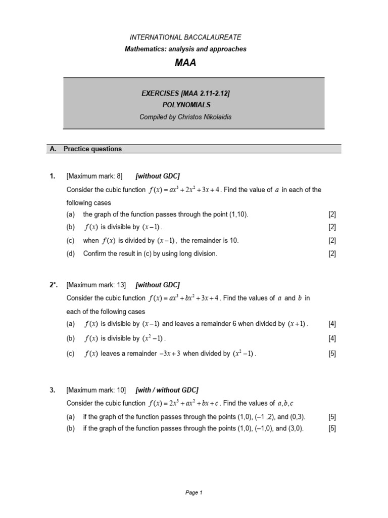 Polynomial Exercises for IB Math AA | PDF | Factorization | Polynomial