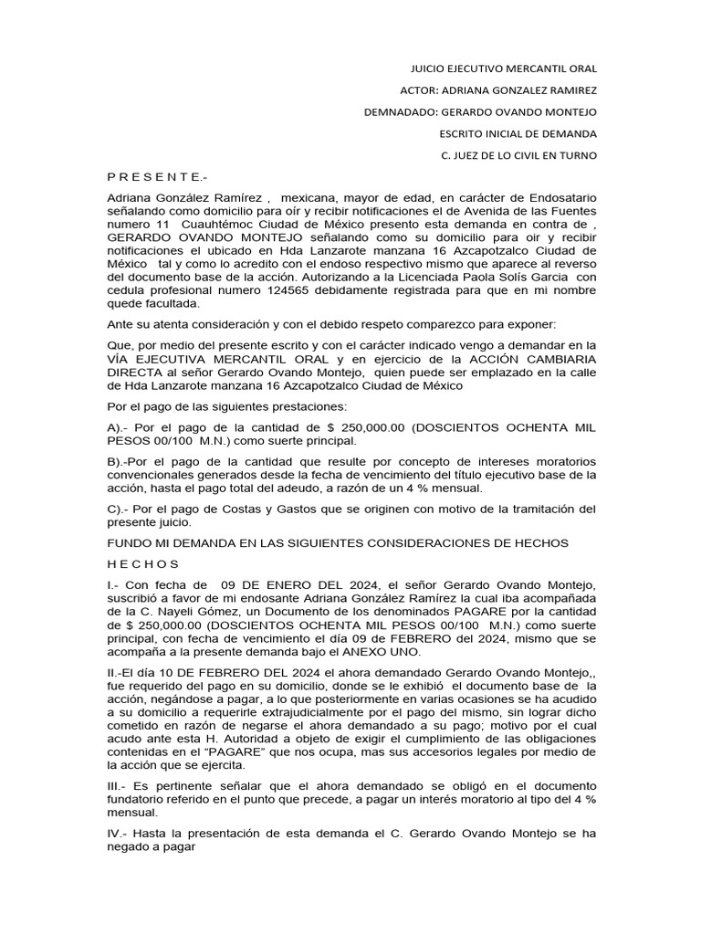 Demanda Juicio Ejecutivo Mercantil Oral | PDF
