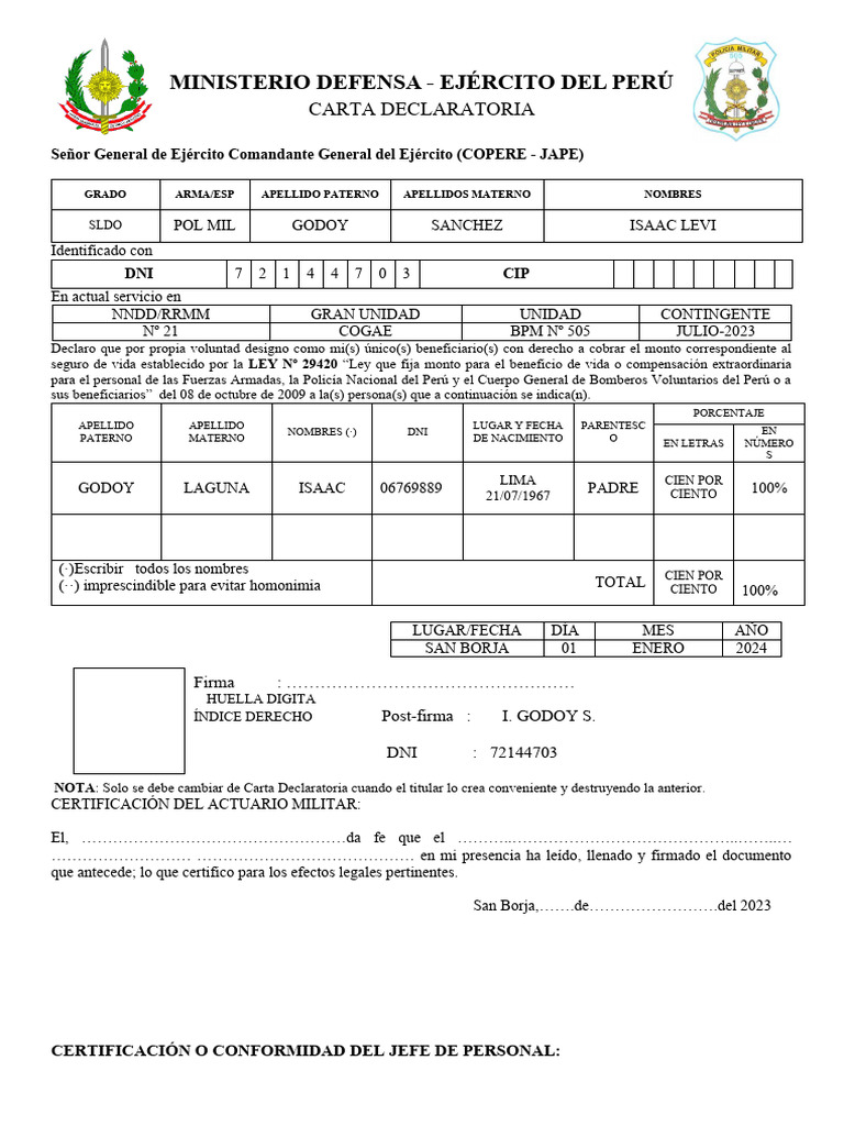 CARTA DECLARATORIA | PDF | Documento de identidad | Seguridad nacional