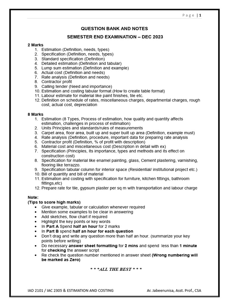 Estimation Notes For End Sem | Download Free PDF | Specification ...