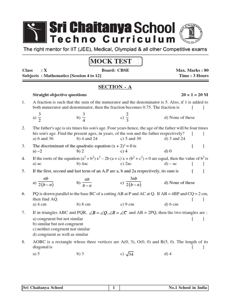 CBSE X CLASS MATH MOCK TEST - 1 (Based On Session 4 To 12) | PDF ...