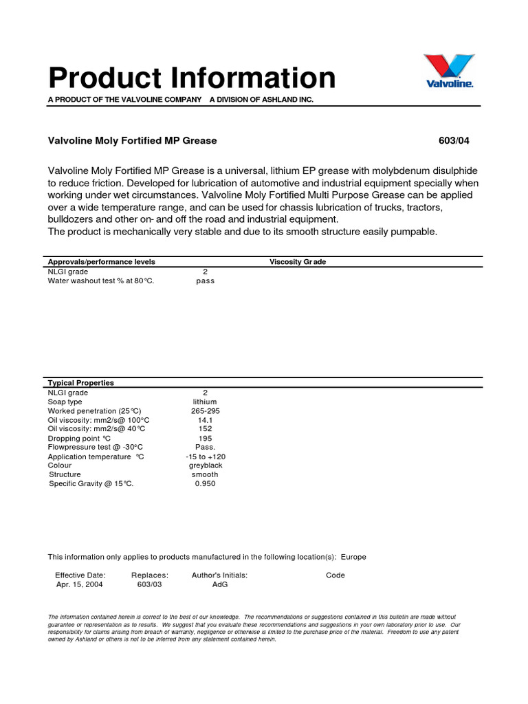 Valvoline Moly Grease Overview | PDF