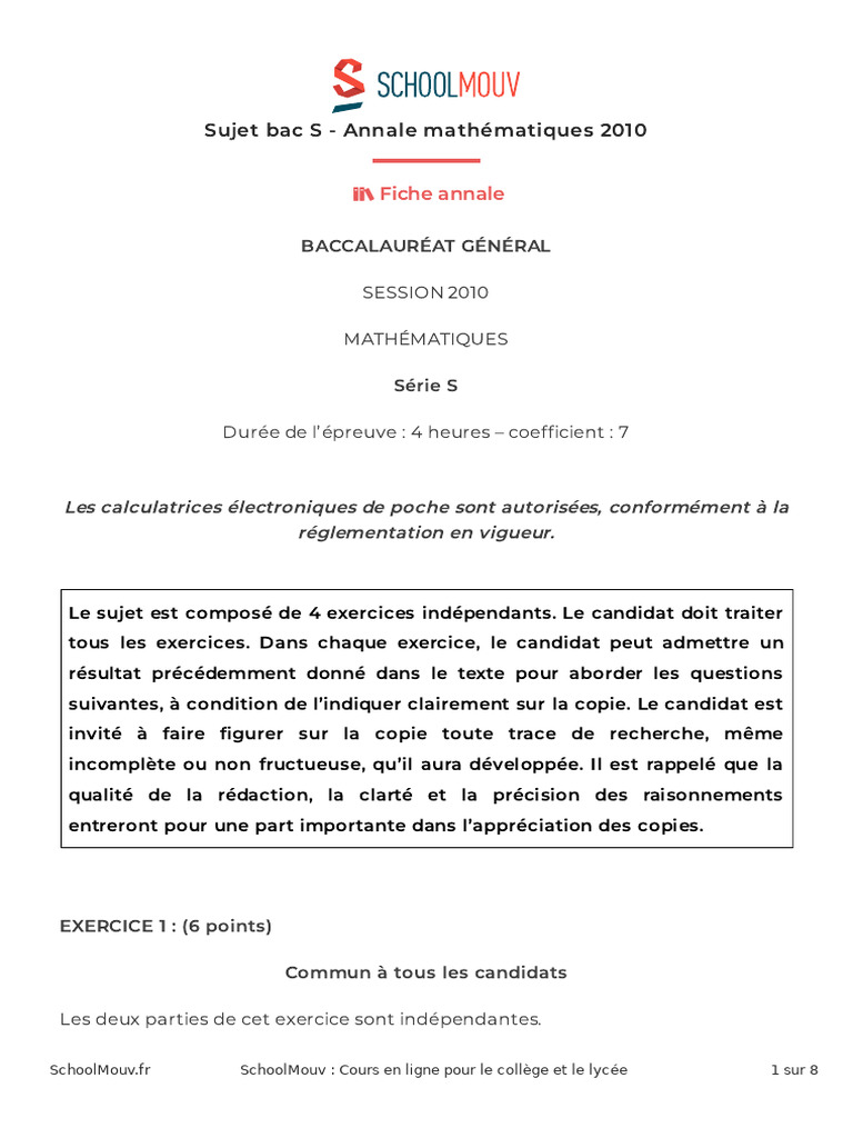 Annales Bac S Mathématiques 2010 | PDF | Limite (mathématiques) | Séquence