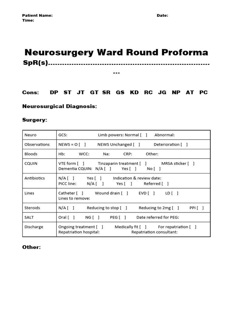 Neurosurgery Ward Round Proforma | PDF