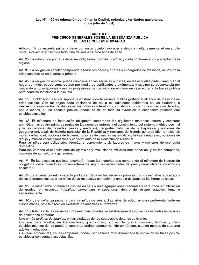 Ley 1420 de Educación Común en Argentina | PDF | Educación primaria ...
