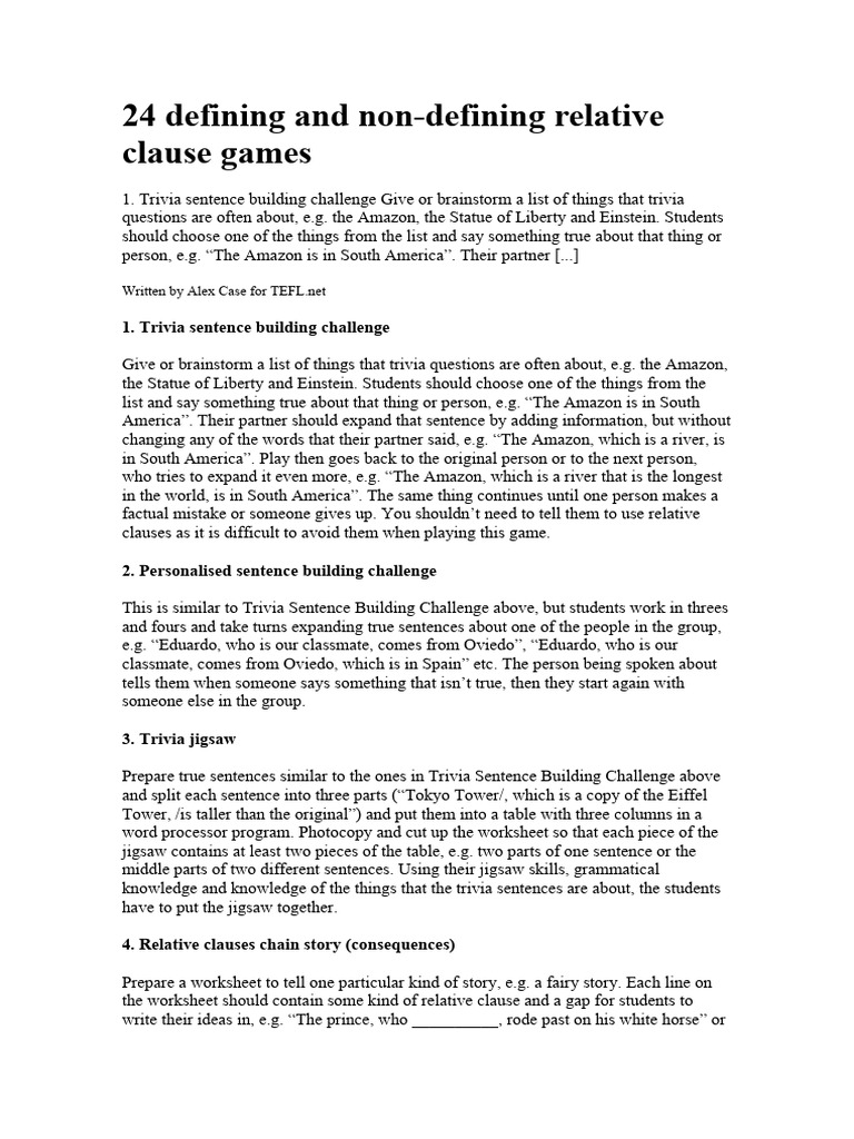 Relative Clause Games for Learning | PDF | English Language | Sentence ...