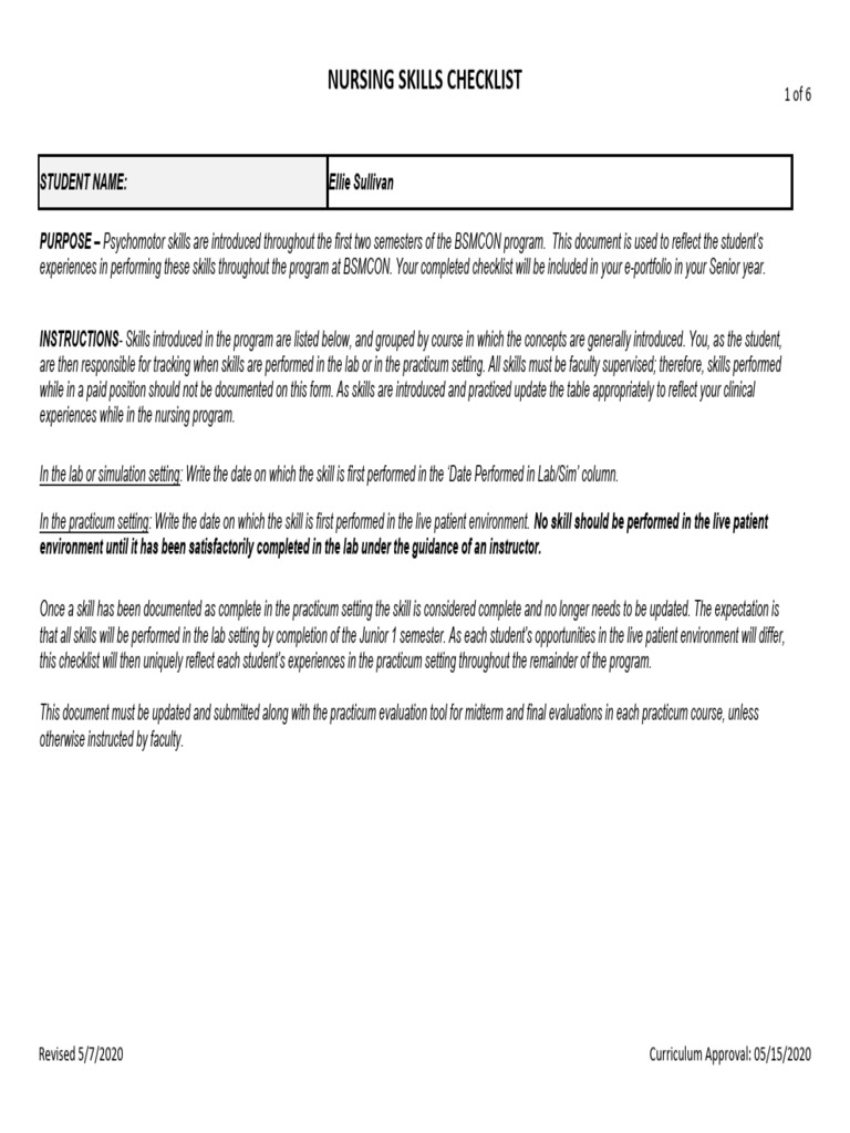 Nursing Skills Checklist Final | PDF | Intravenous Therapy | Nursing