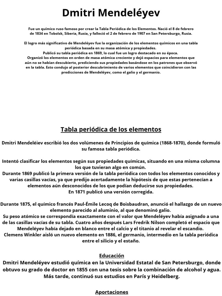 Dmitri Mendeléyev | PDF | Tabla periódica | Conjuntos de elementos químicos