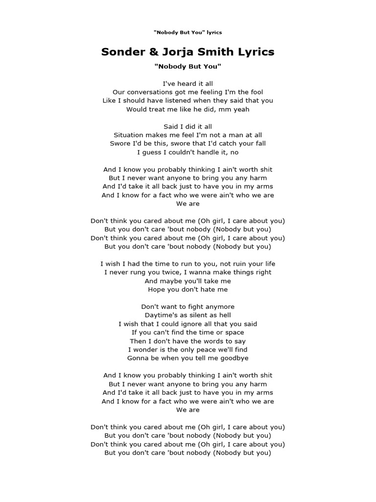 Sonder & Jorja Smith Nobody But You Lyrics PDF