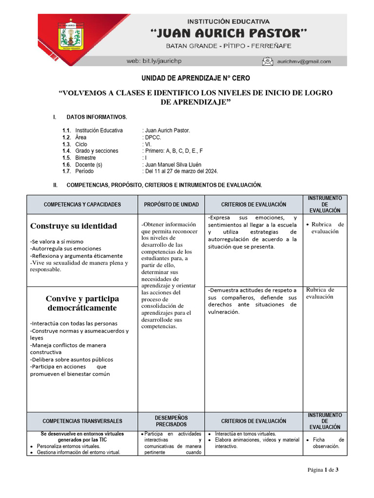 Unidad Cero: Diagnóstico DPCC Secundaria | PDF | Evaluación | Aprendizaje