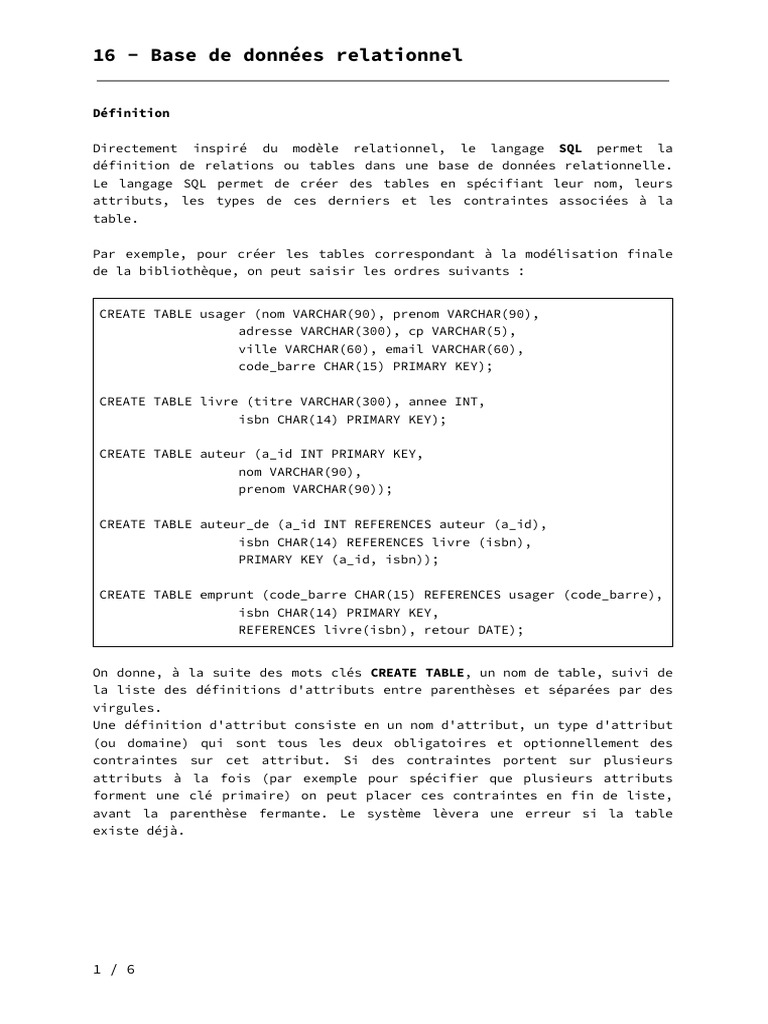 Création de tables en SQL | PDF | SQL | Base de données relationnelle