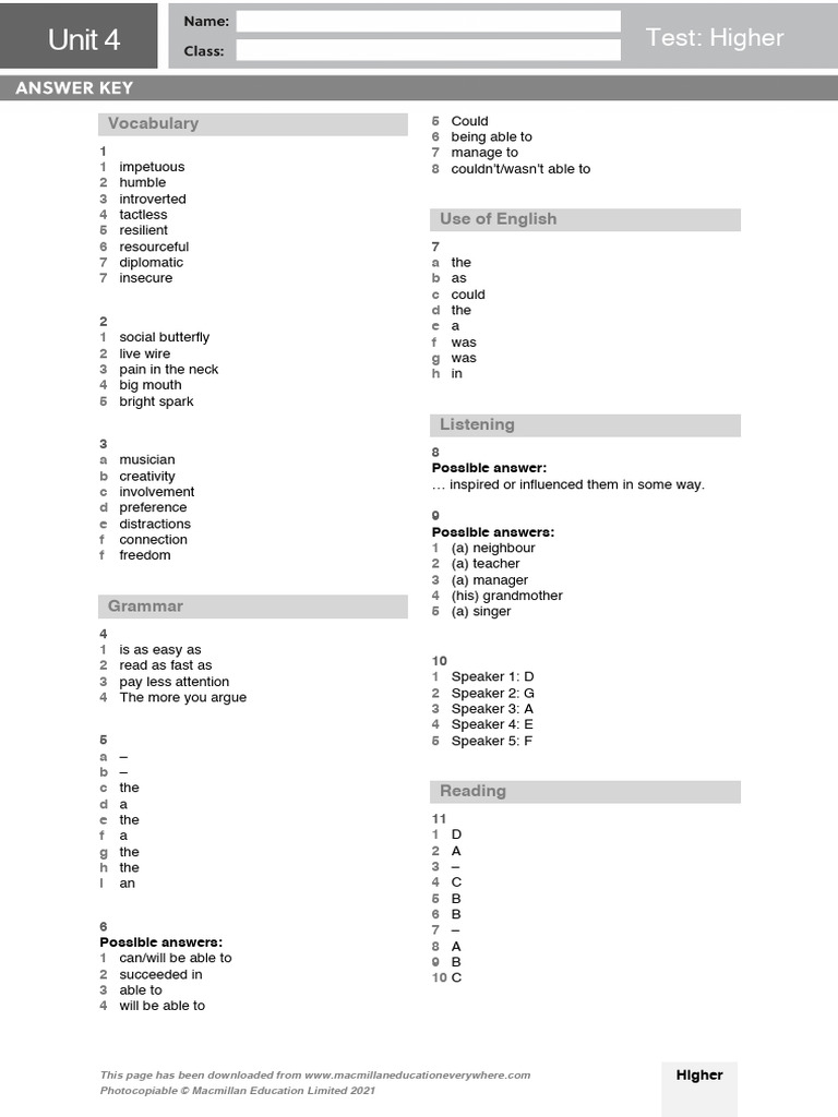B2 Unit 4 Test Higher Answer Key Pdf Human Communication Cognition