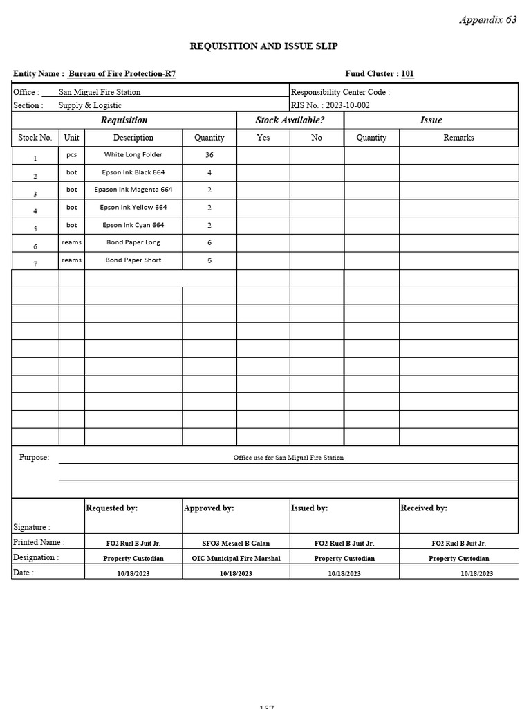 Requisition and Issue Slip Example | PDF